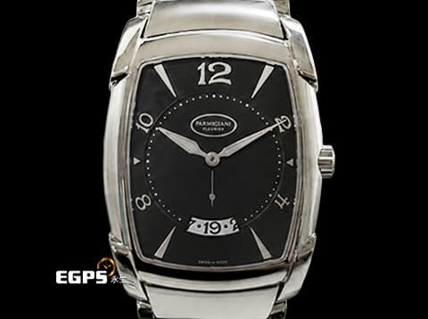 ParmigianiFleurier帕瑪強尼 Kalpa系列 PF011949.03 不鏽鋼材質 銀白色阿拉伯數字與柱狀時標 曜石黑色面盤 璣鏤雕花紋路&nbsp; 自動上鏈 46.6 x 34mm