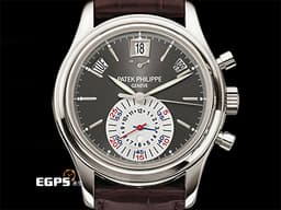 Patek philippe 百達翡麗 PP錶 Annual Calendar 複雜功能系列 5960P <font color="#05f0f0">PT950 鉑金材質 飛返計時 年曆錶</font>&nbsp;<font color="#f7ffd1">碳灰色放射紋面盤</font> 自動上鍊 40.5mm