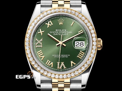 ROLEX 勞力士 DATEJUST 蠔式日誌型 DJ36 126283RBR 不鏽鋼&amp;18K黃金材質 綠色太陽紋面盤 原廠鑲嵌鑽石錶圈 原廠鑲嵌鑽石VI、IX羅馬時標 2025年保卡 自動上鍊 36mm