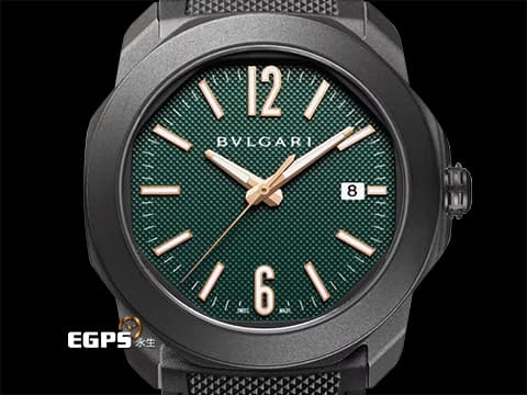BVLGARI 寶格麗 Octo Roma 103925 黑色DLC不鏽鋼材質&nbsp;綠色巴黎釘紋錶盤 快拆功能錶帶&nbsp;2025年保卡&nbsp;自動上鍊 41mm
