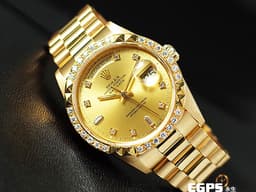 ROLEX 勞力士 DAY-DATE 蠔式星期日誌型 DD 36 18238 18K黃金材質&nbsp;<font color="#05f0f0">原廠鑲嵌鑽石時標 金色面盤</font><font color="#FF0000"> 精鑲金字塔鑽圈 </font>自動上鍊 36mm