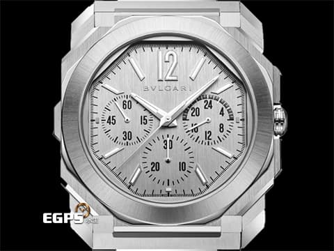 BVLGARI 寶格麗 Octo Finissimo Chronograph GMT 不鏽鋼材質 103661 兩地時間 計時碼錶 銀色垂直髮絲紋面盤 鍍銠時標 超薄 2025年保單 自動上鍊 43mm