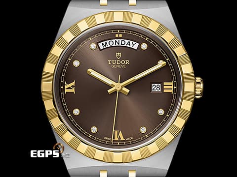 TUDOR 帝舵 Royal Day-Date 皇家系列 28603-0008 18K黃金材質 半金款&nbsp;&nbsp;巧克力棕色面盤 原廠鑲嵌鑽石時標 星期、日期顯示窗&nbsp;2026年保卡&nbsp;自動上鍊 41mm
