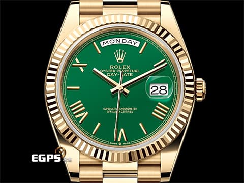 ROLEX 勞力士 DAY-DATE 40 DD 蠔式星期日曆型 228238 18黃金材質 18K黃金羅馬數字時標 綠色面盤 賭桌綠在手，勝率跟你走 2026年保卡 自動上鏈 40mm