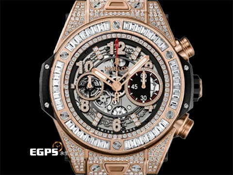 HUBLOT 宇舶 Big Bang Unico King Gold 大爆炸 411.OX.1180.RX.0904&nbsp;原鑲大梯鑽外圈、滿鑲錶殼、鑽石時標鏤空面盤 飛返 計時碼表 三日鍊 王金材質 鏤空面盤 新錶參考訂價：2,976,000元 自動上鍊 45mm