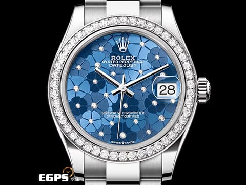 ROLEX 勞力士 Datejust 31 經典 蠔式日誌型 278384 天藍色花朵圖案面盤 DJ31&nbsp;原廠鑲鑽錶圈 2025年保卡 蠔式（Oyster）三節錶帶 自動上鍊 31mm