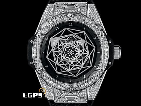 HUBLOT 宇舶 Big Bang 大爆炸 Unico Sang Bleu Steel Pave 不銹鋼材質 黑色面盤 465.SS.1117.VR.1704 MXM18 最新款 Maxime Buchi設計 幾何圖形指針 原鑲鑽錶 共276顆天然真鑽  2024年電子保單&nbsp;自動上鍊 39mm