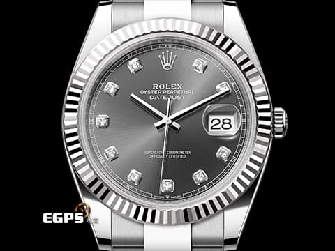 ROLEX 勞力士 DATEJUST II 蠔式日誌 126334 不鏽鋼材質 18K白金三角坑紋圈 灰色太陽文放射面盤 原廠鑲嵌鑽石時標 2023年保卡&nbsp;自動上鍊 41mm