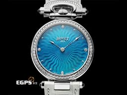 BOVET 播威 Miss Audrey&nbsp;AS36061SD12 不鏽鋼材質 <font color="#05f0f0">原廠鑲嵌103顆鑽石錶圈、錶耳 藍色電光藍機刻紋面盤&nbsp;</font>&nbsp;<font color="#ff0000">附原廠項鍊 可作為腕錶佩戴、或作為項鍊佩戴 2025年保單 新錶訂價：1,050,000元</font> 自動上鍊 36.2mm