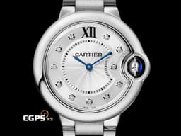 Cartier 卡地亞 Ballon Bleu de Cartier 藍氣球 W4BB0020 不鏽鋼材質 <font color="#0582f5">銀色面盤guilloché紋理 羅馬數字12點加鑽石時標</font>&nbsp;<font color="#0582f5">藍鋼劍形指針</font>&nbsp;石英機芯 33mm