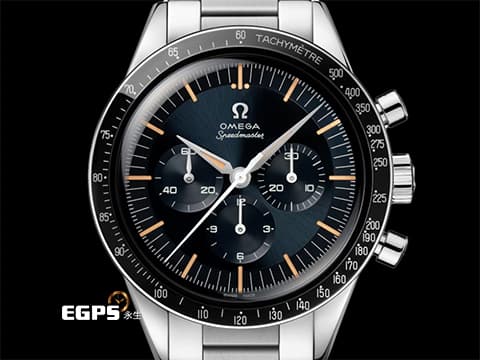 OMEGA 歐米茄 Speedmaster 超霸 速霸「FOiS」The First OMEGA in Space 藍灰色面盤&nbsp;31030405006001 復古色夜光指針、時標 復刻第一枚上太空的OMEGA腕錶 計時碼表 不鏽鋼材質&nbsp;2024年保卡 台灣公司貨&nbsp;同軸擒縱 手上鏈 39.7mm