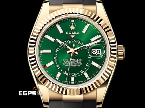 ROLEX 勞力士 Sky-Dweller 蠔式 天行者 336238 沙羅系統 年曆錶&nbsp;18K黃金材質 2025年最新款 綠色面盤 全台第一顆&nbsp;&nbsp;Oysterflex橡膠錶帶搭配快調延展錶扣 2025年保卡 自動上鏈 42mm