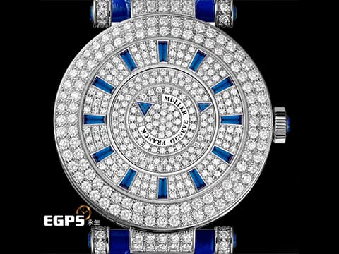 FRANCK MULLER 法蘭穆勒 FM錶 Double Mystery 神秘 DM42D2RCD 藍色寶石時標、指針 18K白金材質 原鑲滿天星鑽石面盤、雙排鑽圈、鑽耳、鑽扣 自動上鍊 42mm