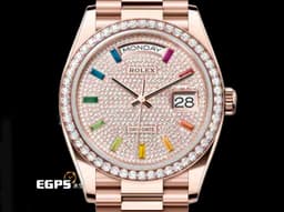 ROLEX 勞力士 DAYDATE 36 星期日曆型 128345RBR 18K永恆玫瑰金材質 <font color="#05f0f0">停產絕版款</font>&nbsp;<font color="#05f0f0">原鑲滿天星鑽石面盤、鑽石錶圈</font>&nbsp;<font color="#f771f9">彩虹漸變色寶石時標</font>&nbsp;<font color="#FF0000">2020年新式保卡 保有原廠膠膜 珍藏未使用品</font>&nbsp;自動上鏈 36mm
