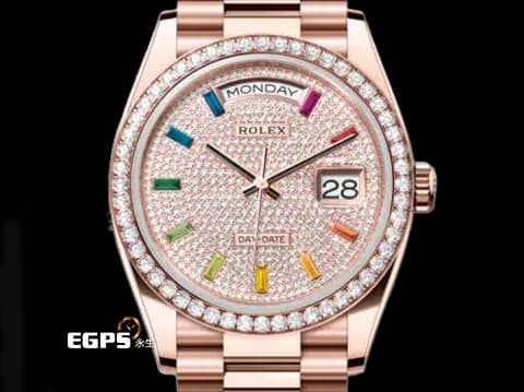 ROLEX 勞力士 DAYDATE 36 星期日曆型 128345RBR 18K永恆玫瑰金材質 停產絕版款&nbsp;原鑲滿天星鑽石面盤、鑽石錶圈&nbsp;彩虹漸變色寶石時標&nbsp;2020年新式保卡 保有原廠膠膜 珍藏未使用品&nbsp;自動上鏈 36mm