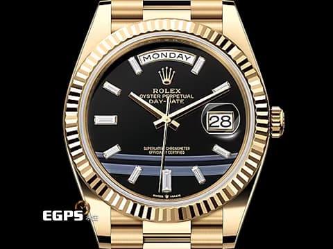 ROLEX 勞力士 DAY-DATE 40 DD 蠔式星期日誌型 228238 18K黃金材質 2025年最新款 鑲鑽縞瑪瑙面盤俗鷹眼面盤/2025年新式保卡 自動上鏈 40mm