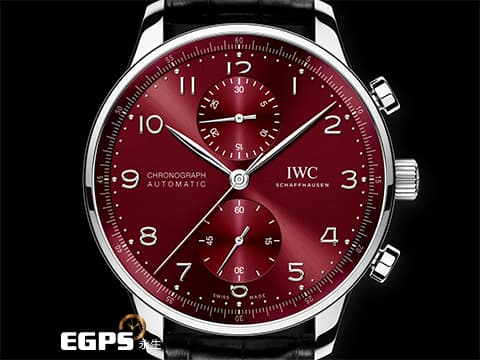 IWC 萬國 Portugieser Chronograph 經典 葡萄牙 系列 IW371616&nbsp;酒紅色放射紋面盤 大葡萄牙&nbsp;計時碼錶&nbsp;不鏽鋼&nbsp;透明錶背款 2022年台灣公司貨 自動上鍊 41mm