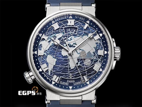 BREGUET 寶璣 Marine Hora Mundi 5557BB/YS/5WV 18K白金材質&nbsp;波浪圖案面盤 海岸線世界地圖 子午線邊框藍寶石水晶頂層  可記憶兩個獨立時區，透過8點鐘方向按鈕切換時區 2023年保單 台灣公司貨&nbsp; 新錶參考訂價：2,613,000元 自動上鍊 43.9mm