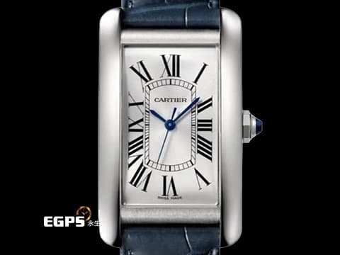 Cartier 卡地亞 Tank Américaine 坦克 WSTA0045 不鏽鋼材質 經典凸圓形藍色合成尖晶石 太陽放射紋 海軍藍色半啞光鱷魚皮錶帶&nbsp;2022年保卡&nbsp;45.1mm x 26.6mm