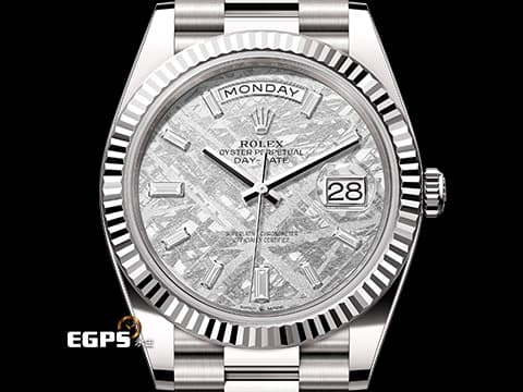 ROLEX 勞力士 Day-Date DD 40 蠔式 日期星期型 228239&nbsp;18K白金材質 隕石面盤搭配10顆方形切割鑽石&nbsp;2023年保卡 蒐藏未使用品&nbsp;經典三角坑紋錶框 元首型（President）總統帶 自動上鍊 40mm