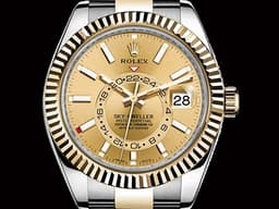 ROLEX 勞力士 Sky-Dweller 326933 天行者 18K黃金半金款 沙羅系統 年曆錶 兩地時區 <font color=#ffda55>皇帝金面盤</font> <font color=#FF0000>2018年保卡 錶友未使用珍藏品 保有大部分原廠膠膜</font> 自動上鍊 42mm