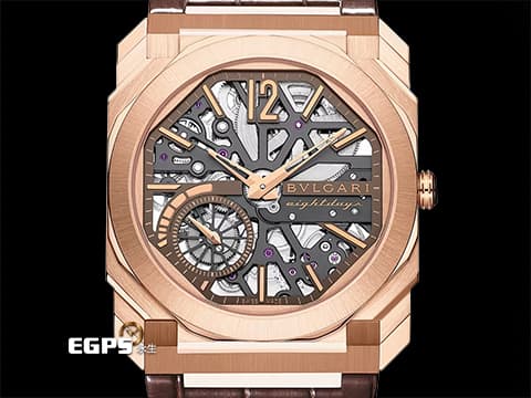 BVLGARI 寶格麗 Bulgari Octo Finissimo系列 Skeleton 8 Days 103667 18K玫瑰金材質&nbsp;超薄5.95mm 鏤空面盤 動力儲存顯示 經典八角形多稜角設計錶框 八日鍊 小秒針 超薄機械機芯&nbsp;2025年保卡 官方新錶訂價：1,271,000元&nbsp;手上鏈 40mm