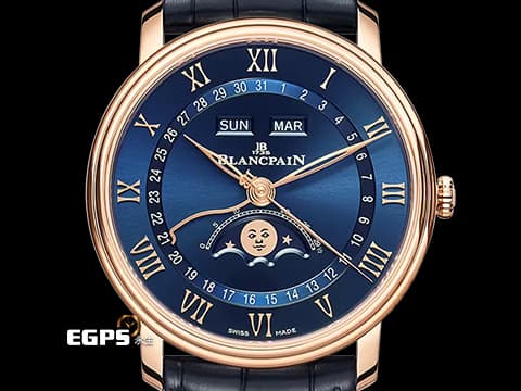 BLANCPAIN 寶鉑 Villeret 6654-3640-55B&nbsp; 18K玫瑰金材質 透明琺瑯漆藍色放射紋飾面盤&nbsp;全日曆 經典寶珀笑臉月相顯示 2024年保卡&nbsp;自動上鍊 40mm