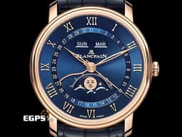 BLANCPAIN 寶鉑 Villeret 6654-3640-55B&nbsp; 18K玫瑰金材質 <font color="#0582f5">透明琺瑯漆藍色放射紋飾面盤</font>&nbsp;<font color="#0582f5">全日曆 經典寶珀笑臉月相顯示</font><font color="#ff0000"> 2024年保卡</font>&nbsp;自動上鍊 40mm