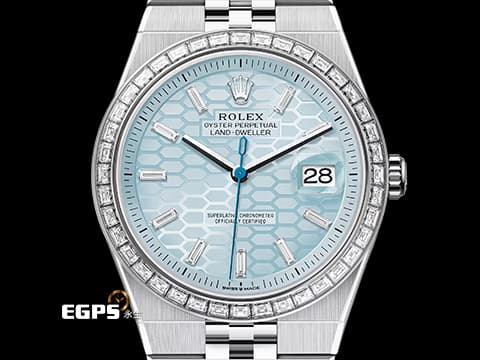 ROLEX 勞力士 Land-Dweller 127386 PT950 鉑金材質&nbsp;最新系列 陸行者 勞力士數一數二的透背錶款 醇冰藍色蜂巢圖案錶面 原廠鑲嵌鑽石錶圈、梯形鑽石時標&nbsp;2026年保卡 纖薄紀念型（Flat Jubilee）錶帶&nbsp;自動上鍊 40mm