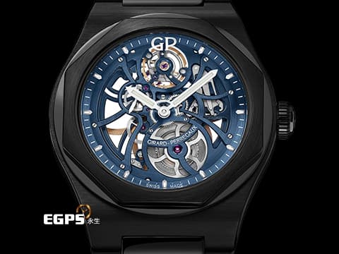 Girard-Perregaux 芝柏 GP錶 Laureato Skeleton 桂冠系列 81015-32-432-32A&nbsp;黑色陶瓷材質 藍色鏤空面盤&nbsp;2021年保卡&nbsp;自動上鍊 42mm