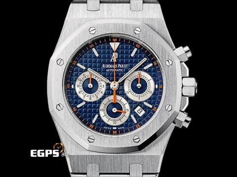 Audemars Piguet AP錶 愛彼錶 Royal Oak  皇家橡樹 26300ST.OO.1110ST.07 藍色面盤 橘色秒針、計時指針、刻度&nbsp;計時碼錶 不鏽鋼材質 鍊帶款 自動上鍊 39mm