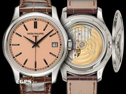 PATEK PHILIPPE 百達翡麗 PP Calatrava 系列 經典 5227G-015 18K白金材質 <font color="#0582f5">炭灰白金三維多面「子彈」時標 獨特軍官式底蓋</font><font color="#FF0000">&nbsp;</font><font color="#fbb689">鮭魚色面盤</font><font color="#FF0000"> 2026年保單 </font> 自動上鍊 39mm