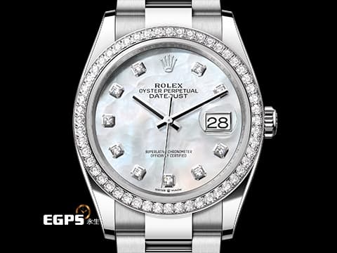 ROLEX 勞力士 DATEJUST 36 蠔式日誌型 126284RBR 白色珍珠貝母面盤 原廠鑲鑽外圈 鑽石時標 2025年新式保卡&nbsp;自動上鍊 36mm
