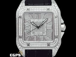 CARTIER 卡地亞 Santos 100 de Cartier 山度士 大型 經典 不鏽鋼材質 <font color="#05f0f0">精鑲鑽石滿天星面盤、錶圈、錶扣</font>&nbsp;自動上鍊 41mm