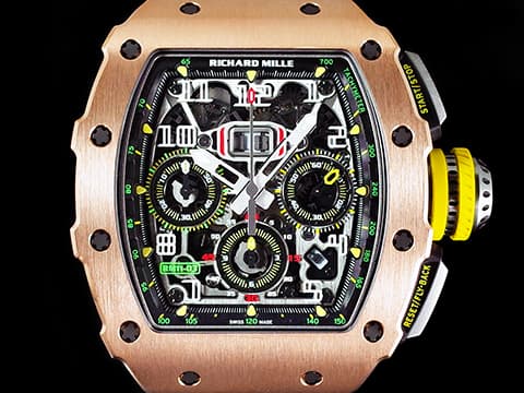 RICHARD MILLE 理查德•米勒  RM011 03   RM 011-03RG  飛返計時  雙發條盒 18K玫瑰金  3D立體鏤空面盤  可變式幾何結構自動盤  五級鈦合金PVD塗層機芯   特殊金花鍵螺絲   賽車元素設計  頂級製錶工藝   !   錶界王者頂峰&nbsp;2018年保卡&nbsp; 酒桶型 計時碼表  自動上鏈 49.94 x 44.50 x 16.15 mm