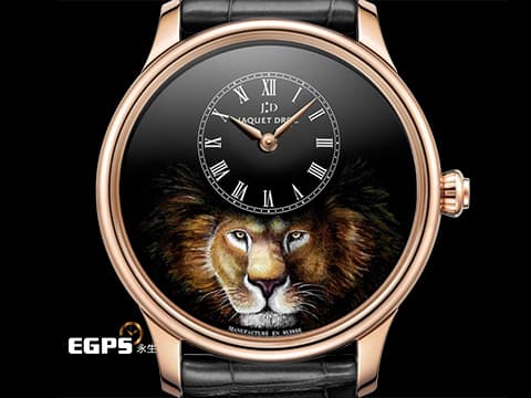 JAQUET DROZ 雅克德羅 Petite Heure Minute Lion 黑色大明火琺瑯面盤 百獸之王獅子微縮繪畫工藝 J005033321 18L玫瑰金材質 自動上鍊 2024年保單 僅試戴收藏品 全球限量28只 43mm