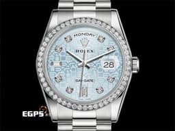 ROLEX 勞力士 Oyster Perpetual Day-Date 18346 蠔式 DD 星期日曆型 PT950 鉑金材質&nbsp;<font style="font-size: 10pt;" color="#05f0f0">原廠鑲嵌鑽石錶圈、時標 冰藍色經典電腦浮雕紀念面盤</font><span style="font-size: 10pt;"><font color="#fafa01">『極為少見的鉑金羚羊頭圖騰』</font><font color="#fa00fa">＊絕版增值中</font> 自動上鏈 36mm</span>