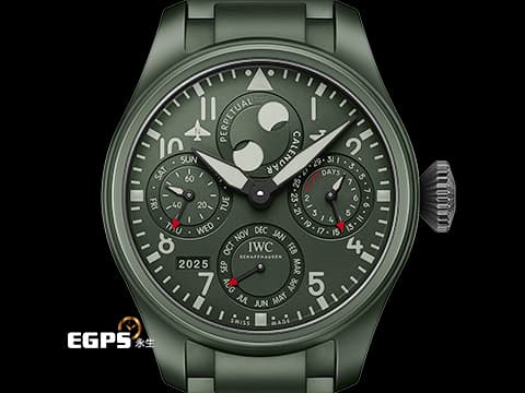 IWC 萬國 BIG PILOTS 大飛行員 萬年曆 七日鍊 月相盈虧 IW503101 綠色陶瓷材質 TOP GUN 海軍空戰部隊 「「森林地」特別版 綠色面盤 經典南北月相萬年曆腕錶、四位數字年份顯示 2024年保單 專賣店限定款 新錶參考訂價：1,716,000元  搭配沙夫豪森IWC萬國錶首款陶瓷錶鏈    自動上鍊 46.5mm