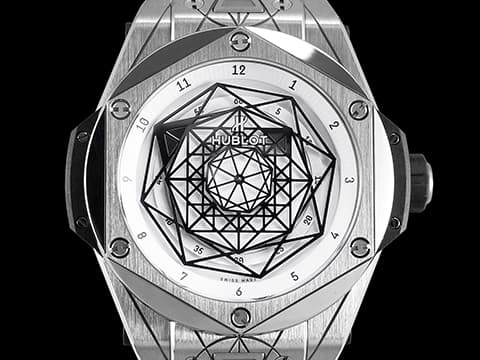 HUBLOT 宇舶 Big Bang Unico Sang Bleu 大爆炸 5級鈦金屬材質 415.NX.2027.VR.MXM18&nbsp;刺青藝術家 Maxime Büchi聯名款 幾何圖形指針 全球限量200只&nbsp;自動上鍊 45mm