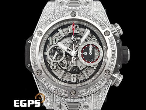 HUBLOT 宇舶 Big Bang Unico 45 Titanium 大爆炸 411.NE.2010.LR.JSM15 鈦金屬 飛返 計時碼表 精鑲鑽石、梯鑽錶框、鑽石時標 鏤空面盤 自動上鍊 45mm