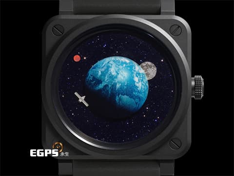 Bell &amp; Ross 柏萊士 BR-03 Astro&nbsp;黑陶瓷+PVD不鏽鋼材質 宛若太空的藍色砂金石地球面盤 對應著時、分、秒針的火星、月亮、衛星&nbsp;BR03A-EMM-CE/SRB 限量999支 2025年保卡&nbsp;自動上鍊 41mm
