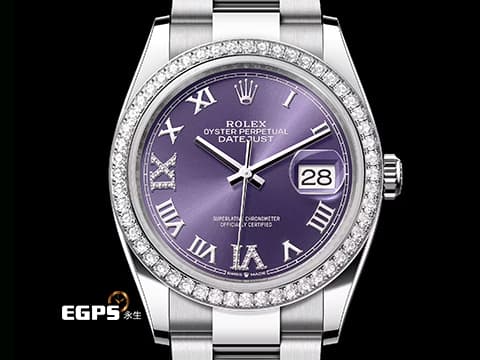 ROLEX 勞力士 Datejust 36 蠔式日誌型 126284RBR&nbsp;茄紫色羅馬數字VI、IX鑲鑽面盤 原鑲鑽圈&nbsp;DJ36 不鏽鋼&nbsp;2026年保卡 蠔式（Oyster）三節板帶 126284 RBR 自動上鍊 36mm