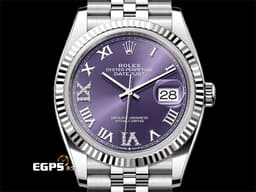 ROLEX 勞力士 Datejust 36 蠔式日誌型 126234 <font color="#B15BFF">原廠VI、IX鑲鑽 茄紫色面盤</font> 不鏽鋼 DJ36 經典三角坑紋錶圈 <font color="#FF0000">2025年保卡 紀念型（Jubilee）五銖錶帶</font> 自動上鍊 36mm