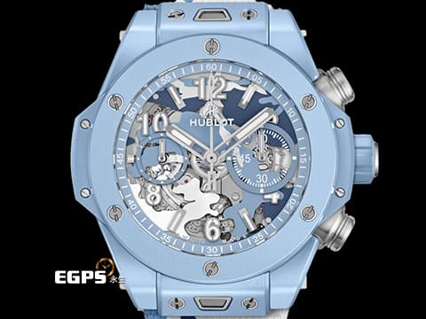 Hublot 宇舶 Big Bang Unico 大爆炸 Sky Blue Camo 天藍迷彩&nbsp;藍陶瓷 鏤空面盤 421.EX.0190.RX.JCAM 三日鍊 飛返 計時碼錶&nbsp;限量100只&nbsp;2023年電子保單&nbsp;自動上鍊 44mm