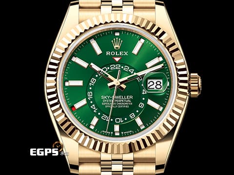 ROLEX 勞力士 Sky-Dweller 336938 天行者 18K黃金材質 年曆錶 2025年最新款式 亮綠色面盤天行者&nbsp;紀念型（Jubilee）五銖錶帶 自動上鍊  42mm