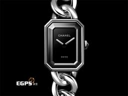 CHANEL 香奈兒 Premiere Gomette Chain 系列 H7018 大型款 黑面 不鏽鋼材質 <font color="#171616">鑲嵌凸圓形切割縞瑪瑙錶冠</font> <font color="#fa0000">2025年台灣公司貨</font> 石英機芯 26.1x20mm