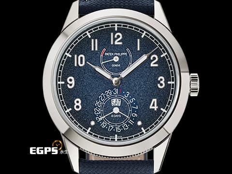 Patek philippe 百達翡麗 Calatrava Annual Calendar Travel Time 複雜功能時計 5328G-001 18K白金材質&nbsp;藍色不規則紋理面盤 192小時動力儲存顯示 巴黎釘紋飾錶殼  2026年保單&nbsp;手動上鍊 41 mm