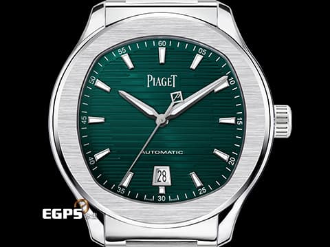 PIAGET 伯爵 Polo Date系列 G0A49022 經典 枕型 不鏽鋼材質&nbsp;綠色橫條紋雕紋面盤 2025年保卡&nbsp;自動上鍊 42mm