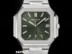 Patek Philippe 百達翡麗 PP Cubitus 5821/1A-001 不鏽鋼材質&nbsp;<font color="#c0f2bf">綠色橫條浮雕日輝紋面盤</font><font color="#2828FF">&nbsp;</font>大三針<font color="#ff0000">&nbsp;方形圓角錶殼 橄欖綠</font><font color="#fafa01"> 2026年保單 </font> 自動上鍊 45mm