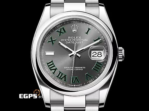 ROLEX 勞力士 Datejust 36 蠔式日誌型 DJ36 126200 不鏽鋼材質&nbsp;石板灰色面盤搭配綠羅馬時標 溫布頓&nbsp;2025年保卡 蠔式（Oyster）三節錶帶 自動上鍊 36mm